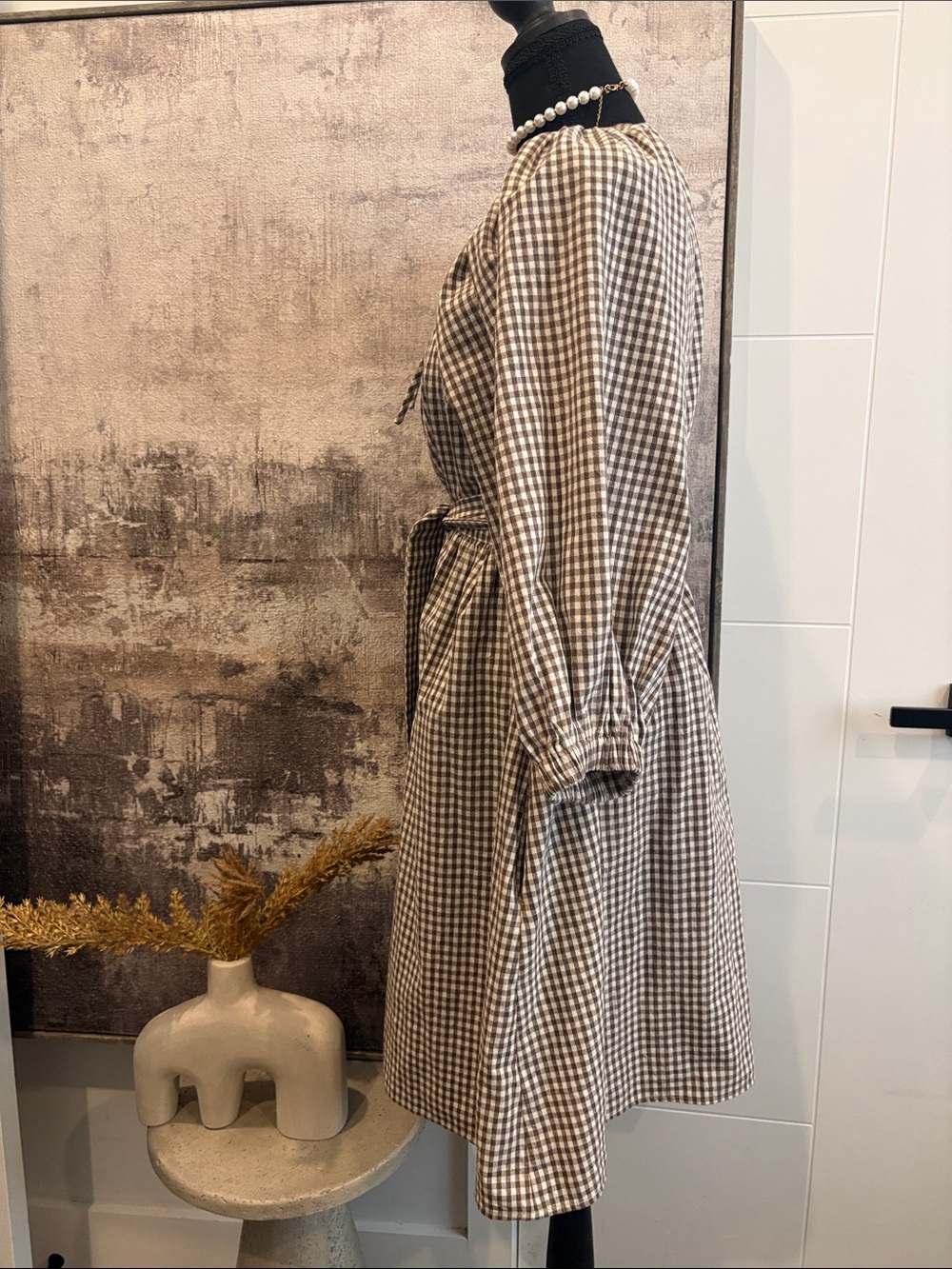 Emerson Fry RAKEL KEYHOLE SHORT DRESS - COFFEE GINGHAM 100% Cotton - Picture 5 of 9